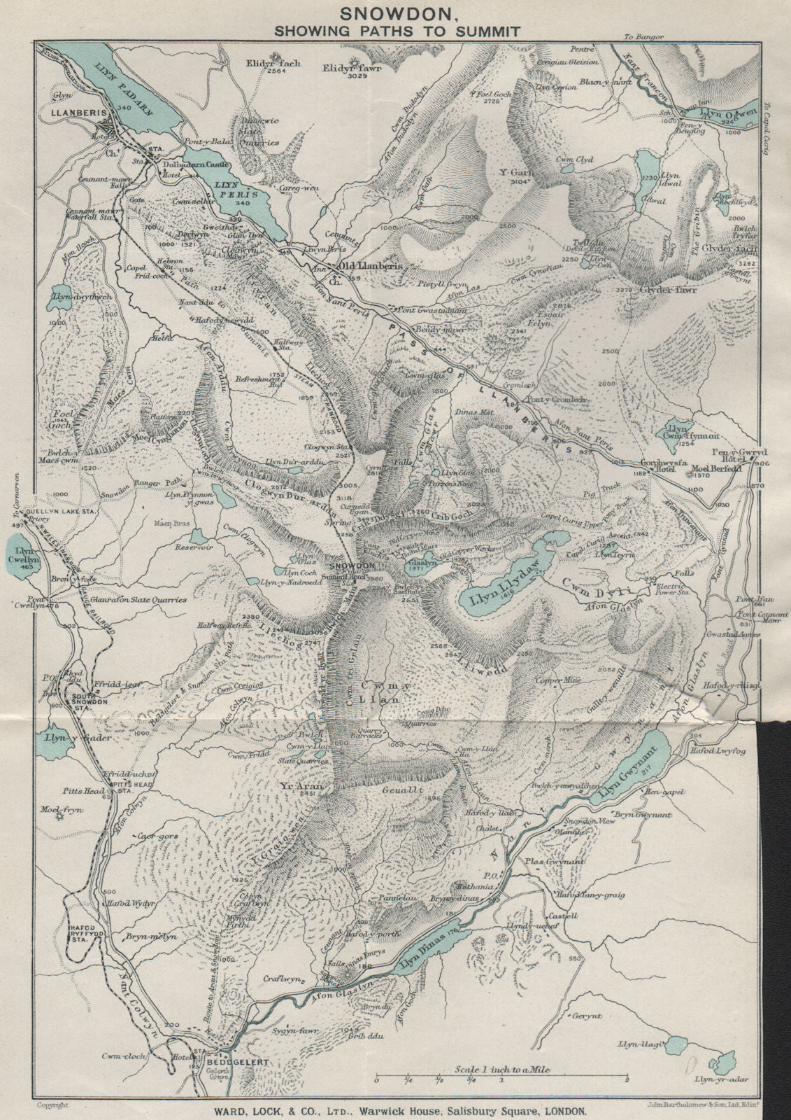 SNOWDON SHOWING PATHS TO SUMMIT. Llanberis. WARD LOCK 1925 old vintage map